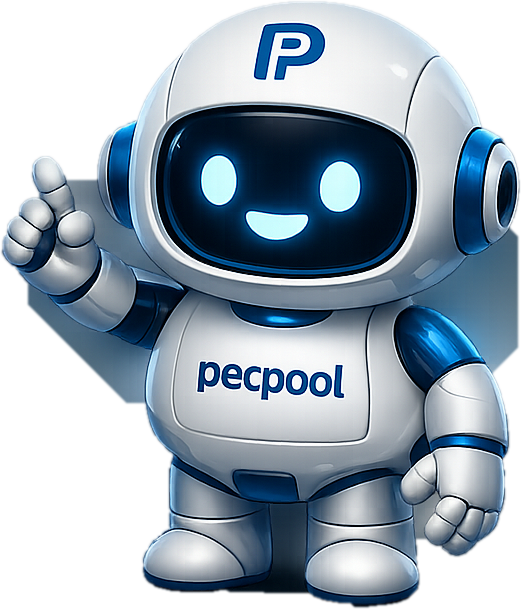 Friendly white and blue PECPool robot mascot